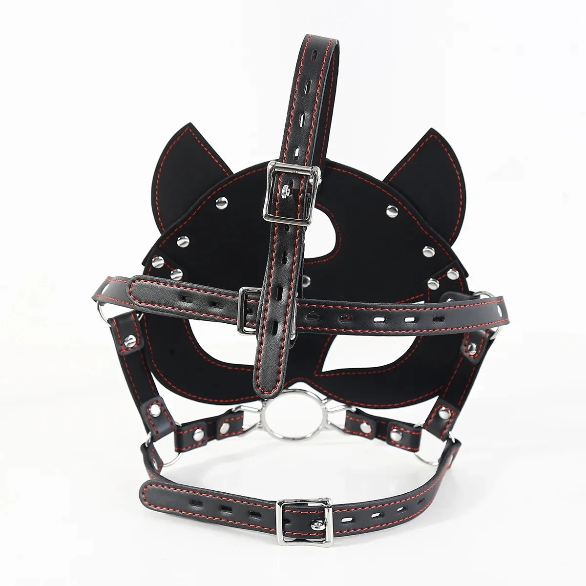 Black Leather Cat Mask BDSM Bondage Kit with Open Ring Mouth Gag Harness Couple Oral Foreplay Adult Toy for Erotic Play view 4