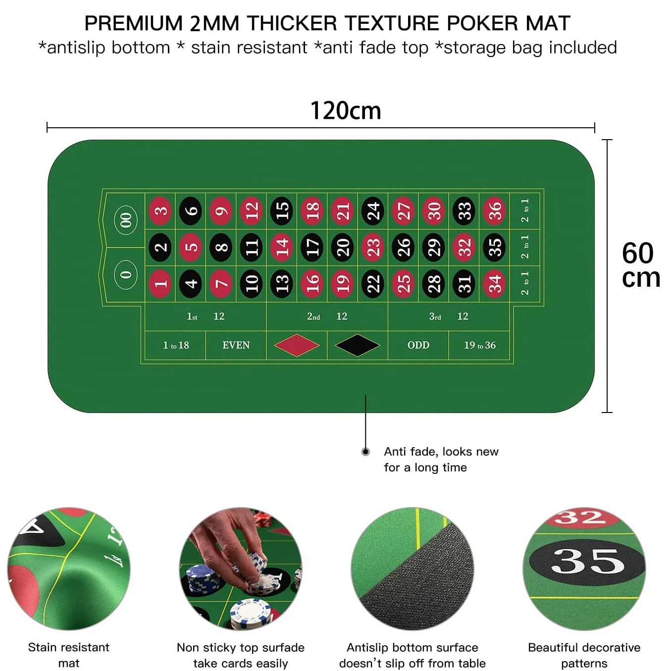 120x60 cm verde roulette tappetino da gioco in gomma silenzioso e antiscivolo tappetino da gioco per scacchi e carte accessorio per l'intrattenimento
