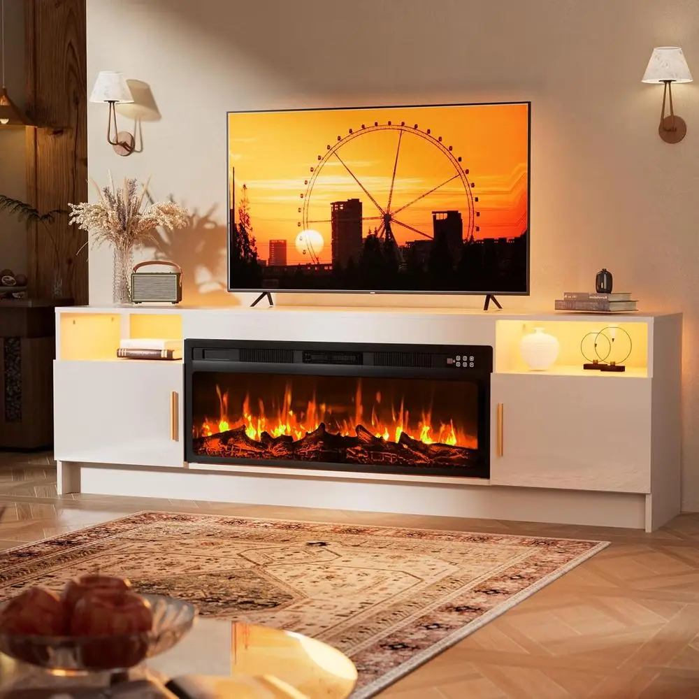 

Белая подставка для телевизора 70 со светодиодной подсветкой, шкафом для хранения и подсветкой для гостиной