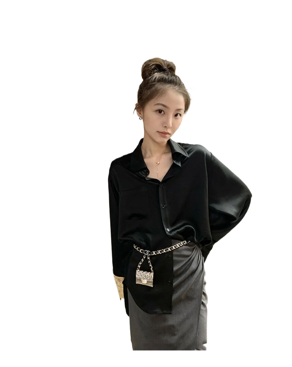 Women\'s Silk Shirt Thin Casual Turn-down Collar Long Sleeve Shirt Satin Sunscreen Top Single Breasted Silky Smooth Blouse