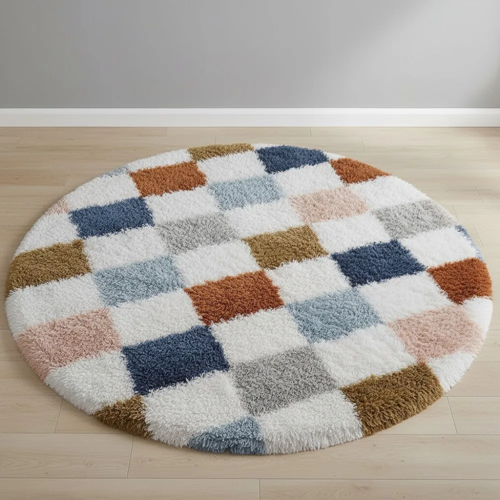 

Modern Rainbow Checkered Shag Rug 4x4, Ultra Soft Washable Non-Slip Fuzzy Carpet for Living Room Bedroom Decor