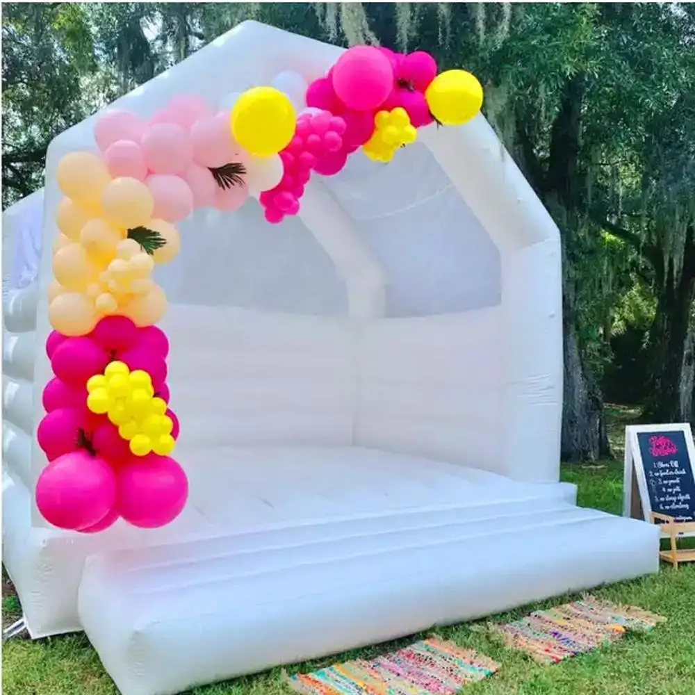 Happy Time สีขาว Inflatable Bouncer Moon Bounce House Bouncing Jumper ปราสาท Bouncy สำหรับเด็กผู้ใหญ่งานแต่งงานอุปกรณ์จัดงานปาร์ตี้