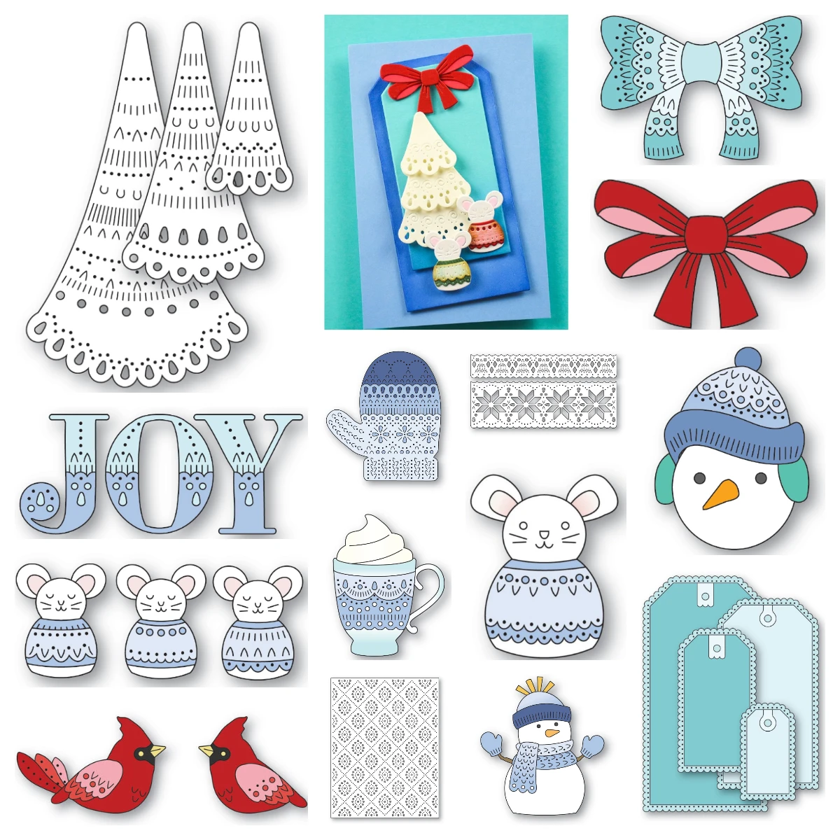 Merry Christmas Bundled Snowman Bow Mouse Bear Scalloped Pinpoint Tags Dies Cut DIY Card Scrapbooking Clear Stamps Dies 2025 New