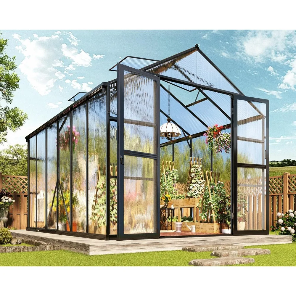 

7.5x11.5FT outdoor polycarbonate greenhouse, quick connector assembly, aluminum frame with ventilation, rainwater ditch