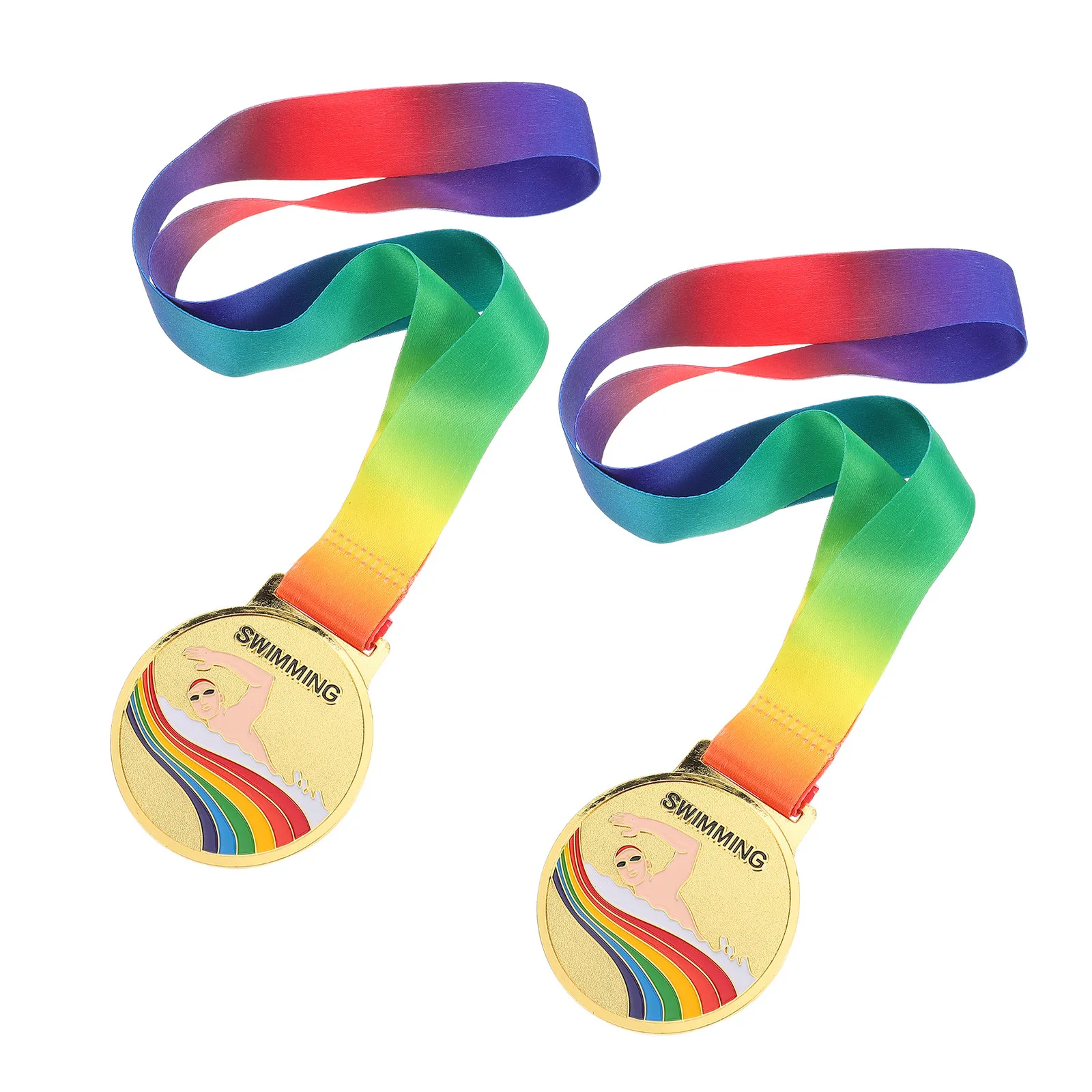 

2Pcs Kids Gold Swimming Prize Medals Metal Medal Neck Ribbons School Sports Day Tournament Winner Awards V Neck Medal Ribbons