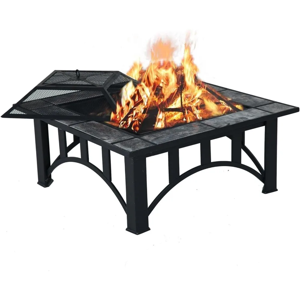 

Fire Pits for Outside 35'' Wood Burning Square Marble Tiletop Fire Tables for Patio Bonfire, Camping, Outdoor He