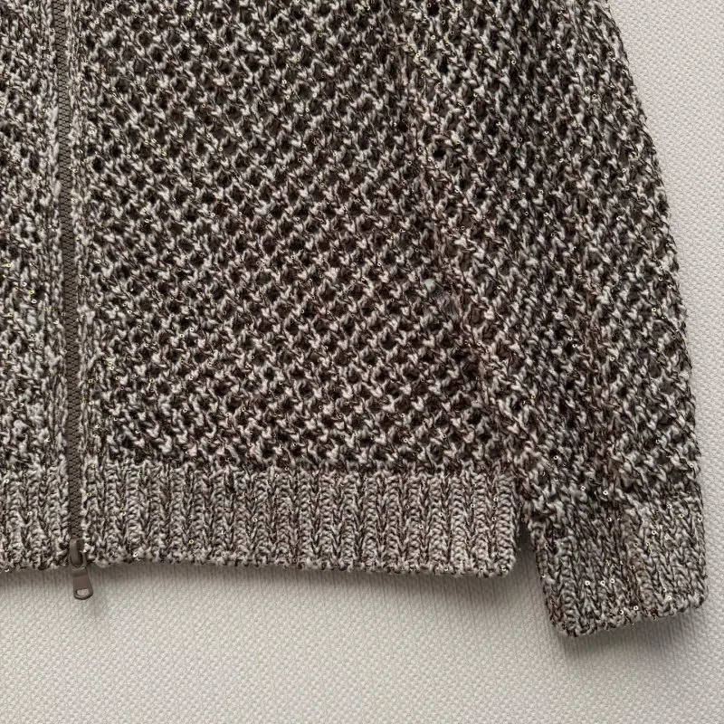 Women's Loose Fit Hooded Zip-Up Cardigan with Hollow-Out Sequins