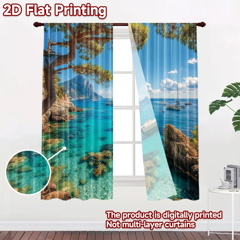 2D flat printing 2pcs Drapes Beautiful Ocean Boat Rocks Trees Digital Printed Polyester Drapes Party Decorations for Art Party