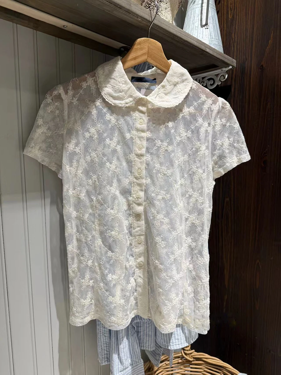 Floral Lace Beige Transparent Blouse T-shirt Turn Down Collar Single Breasted Shirts Woman Summer Solid Sweet See Through Tshirt