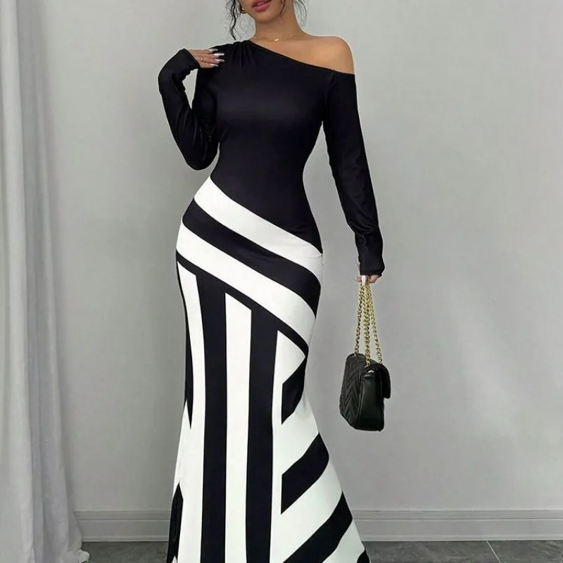 Fashionable Strip Edstyle Long-sleeved Slant Collar Long-sleeved Temperament Contrasting Fit Versatile Printed Elegant Dress