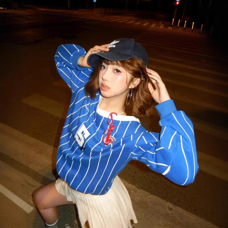 American Retro Spicy Girl Off Shoulder Striped Embroidery Color Blocking Round Neck Long Sleeve Sweat Shirt New Style Women