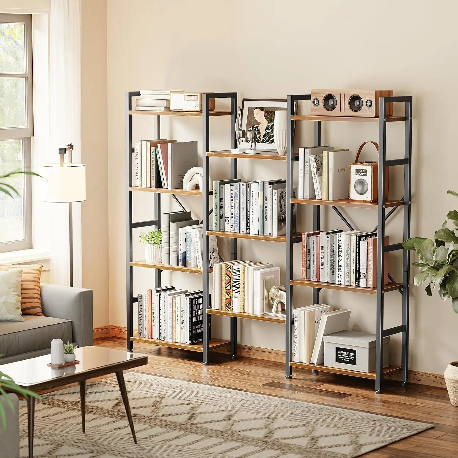 Triple Bookshelf Four Tier Bookcase With Eleven Open Display Shelves Adjustable Industrial Metal Frame Standing Storage Rack For Living Room Office Brown