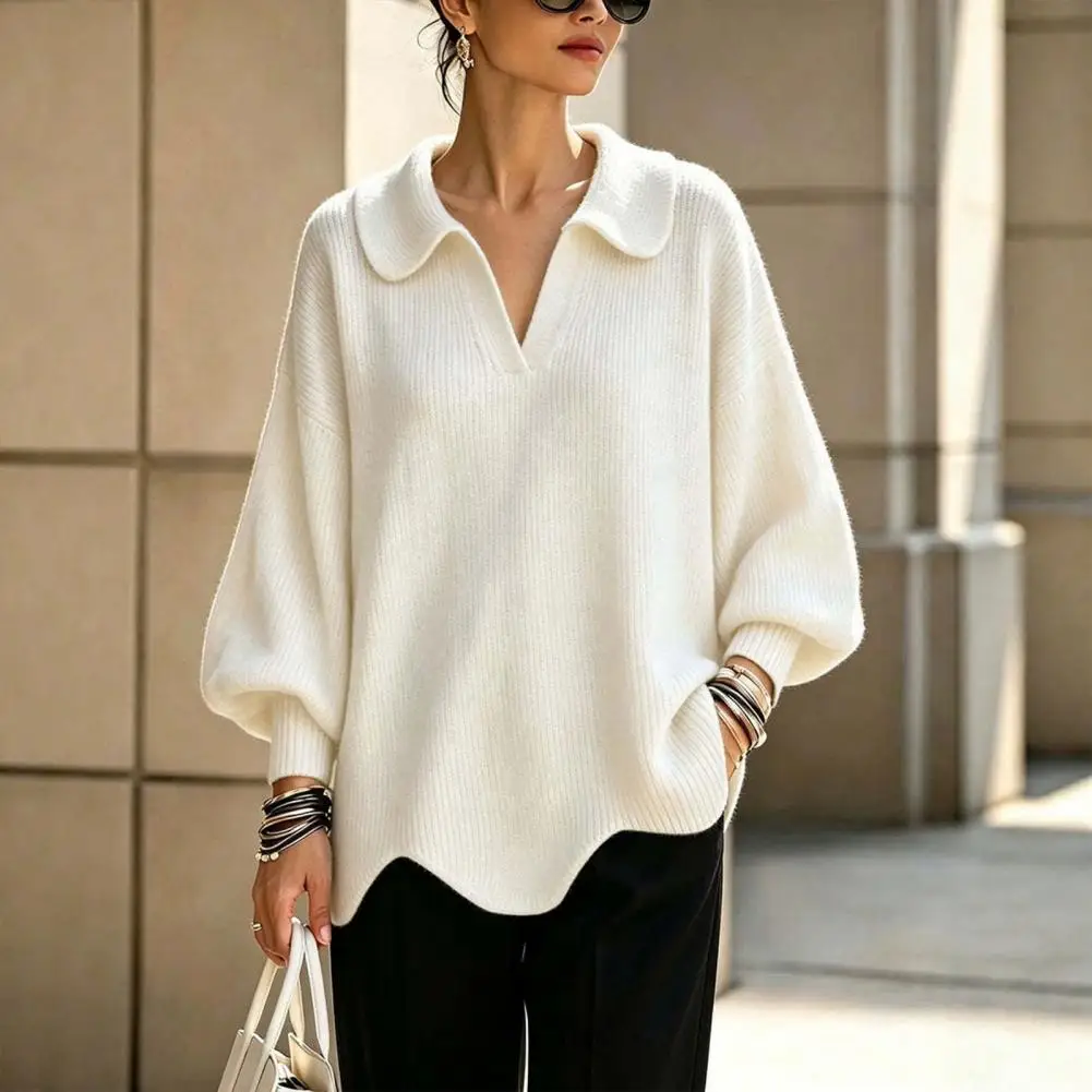 Sculptural Neckline Blouse Oversized Tops Autumn Winter Knitted Sweater Women’s Lapel V-neck Pullover Solid Color Loose Fit
