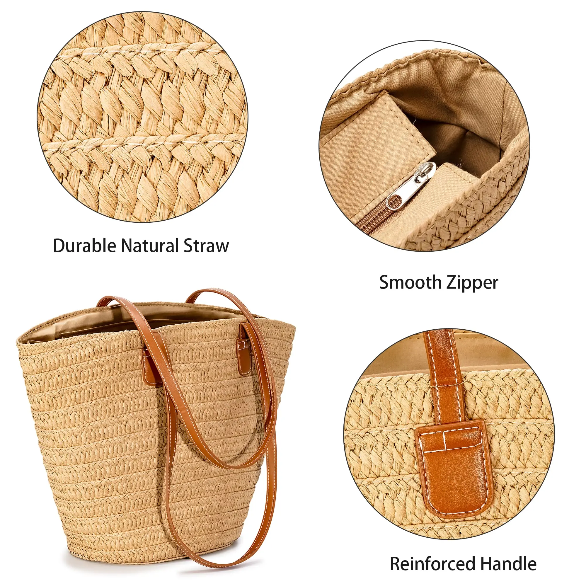 Large Handmade Straw Purses for Women, Summer Beach Natural Weaving Chic Woven Tote Handbags Shoulder Bags