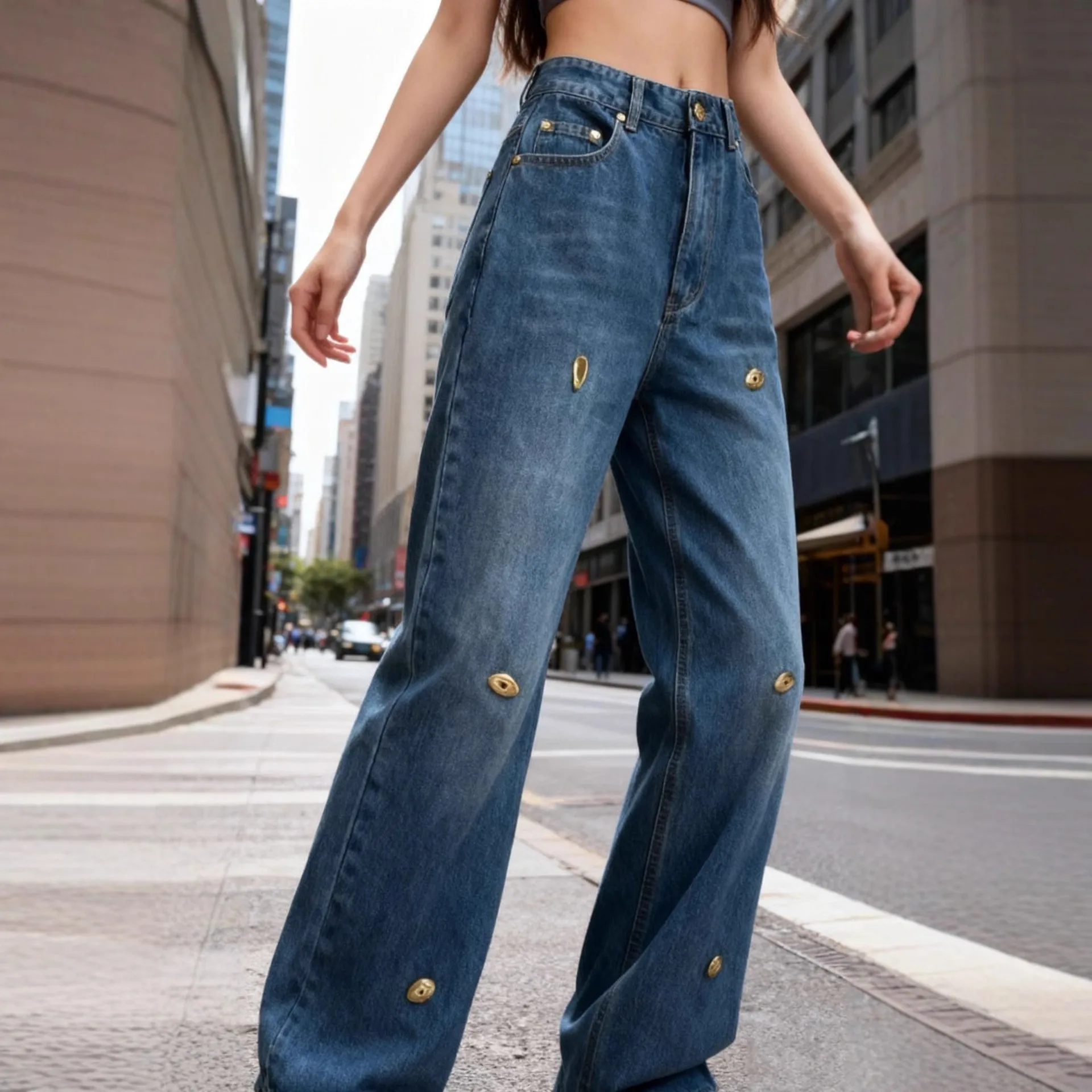 هاي ستريت النمط الفرنسي المعدني المزخرف الجينز السراويل الطويلة النساء خريف 2025 جديد ريترو فضفاض ومتعدد الاستخدامات الدينيم السراويل #4