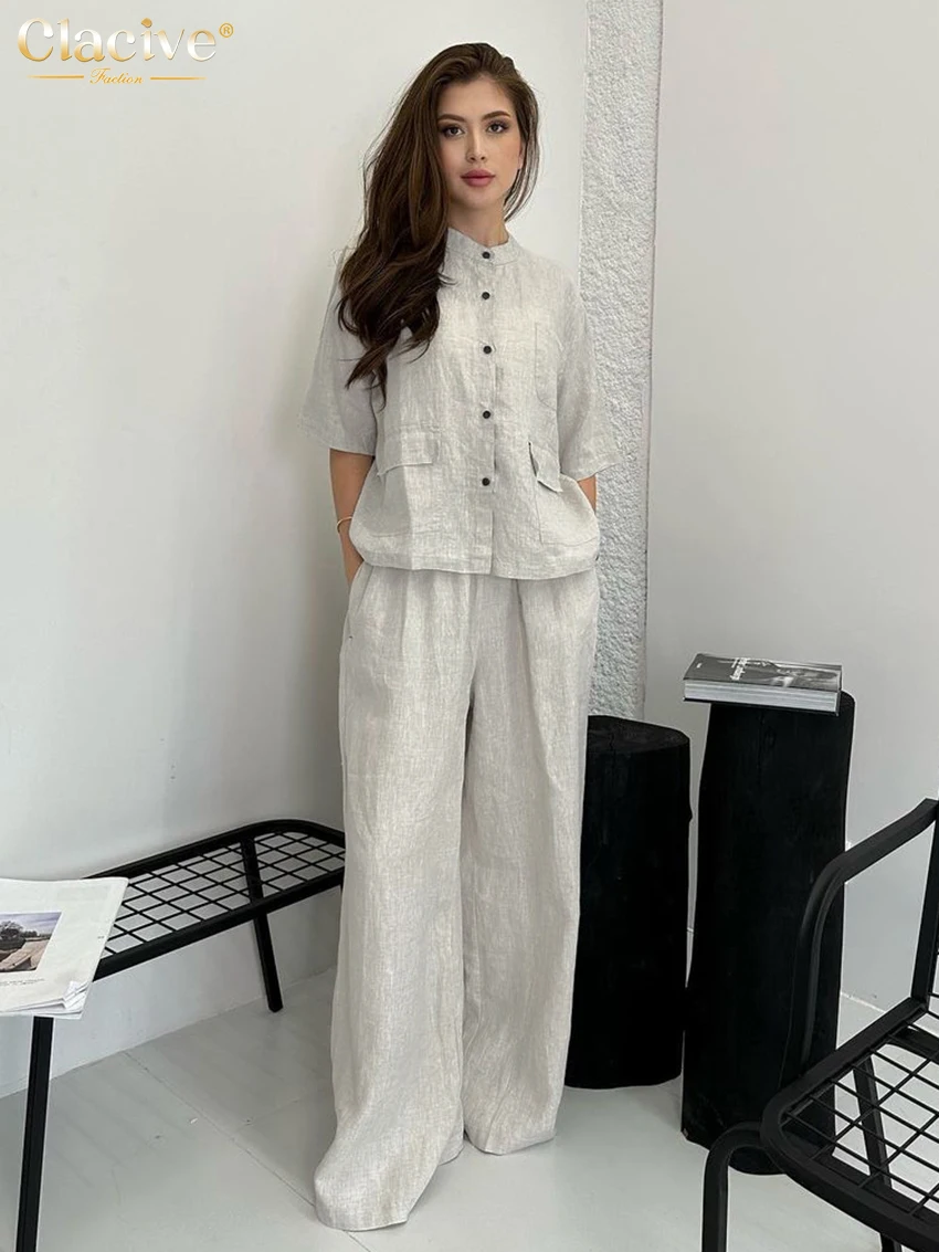 Clacive Summer Loose Khaki Linen Trousers Sets For Women 2 Pieces 2024 Fashion Short Sleeve Shirt With High Waist Wide Pants Set