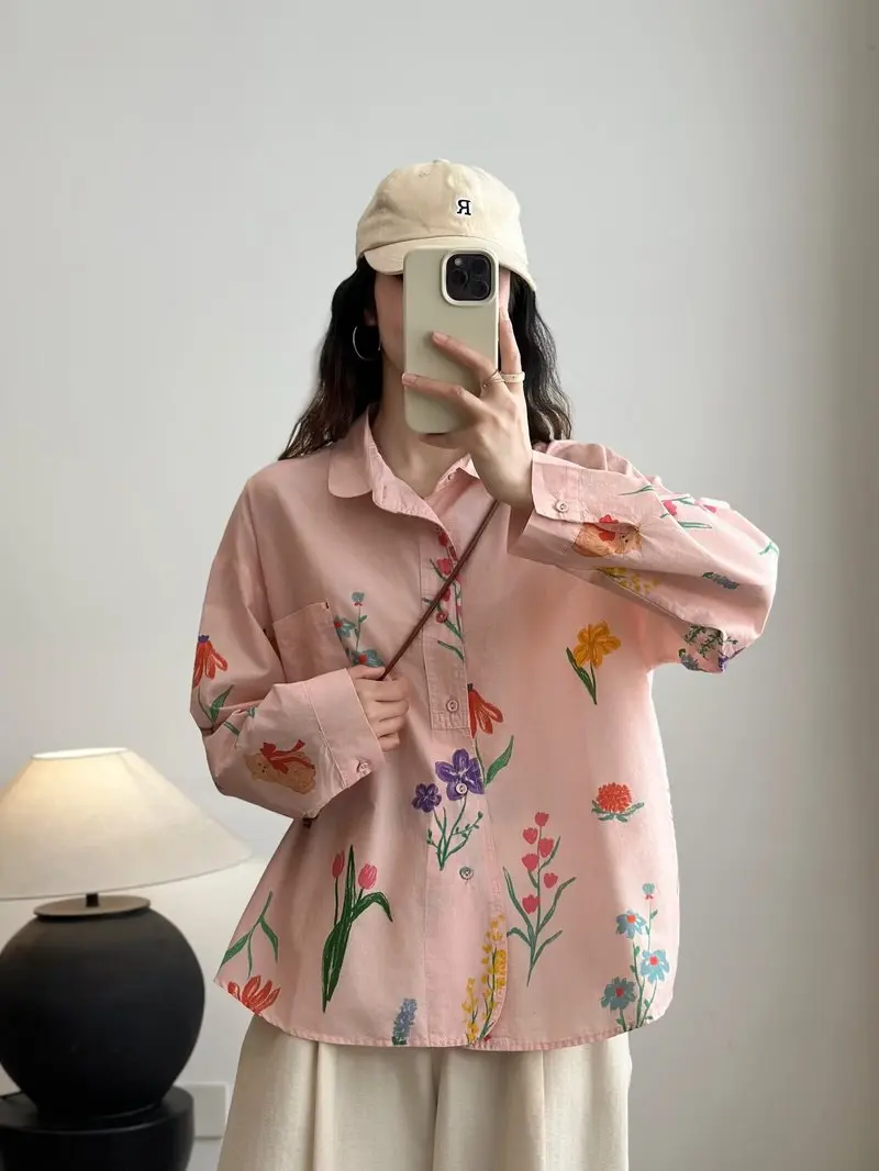 جديد 2025 الخريف قميص قطني بكم طويل ، المرأة بدوره إلى أسفل طوق طباعة ، موري فتاة الفرنسية تخفيض العمر بلوزة فضفاضة T5O676CC #5