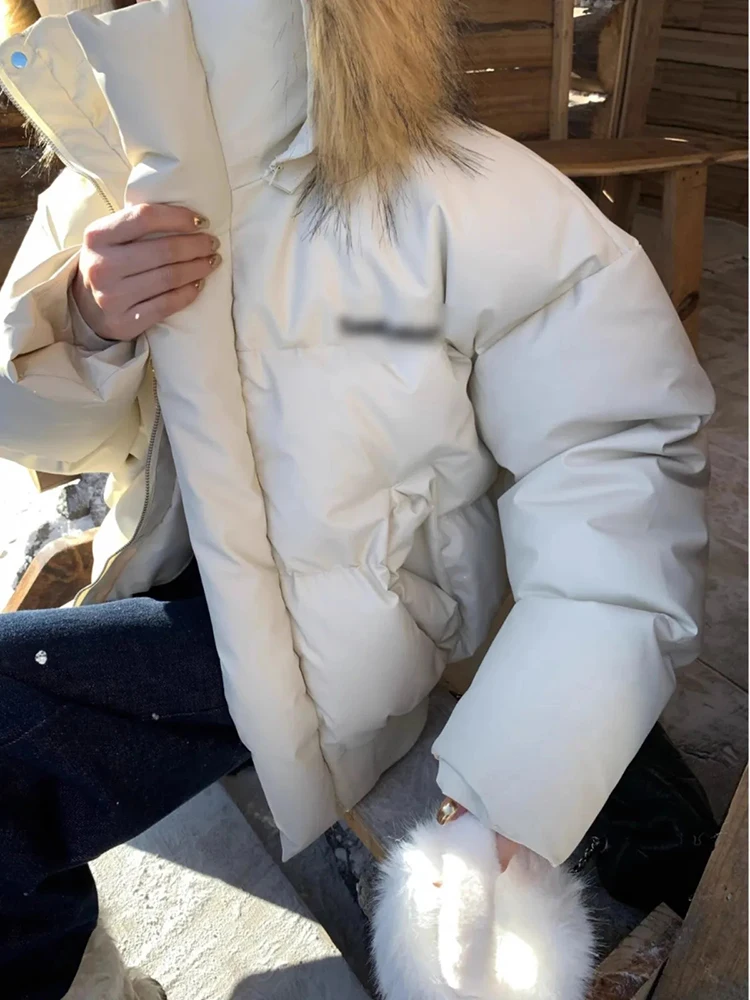 Winter Pu Leather Warm Parkas Female Y2K Korean Thick Furry Crop Hooded Coats Loose Preppy Puffer Jacket Zipper Fluffy Down Coat