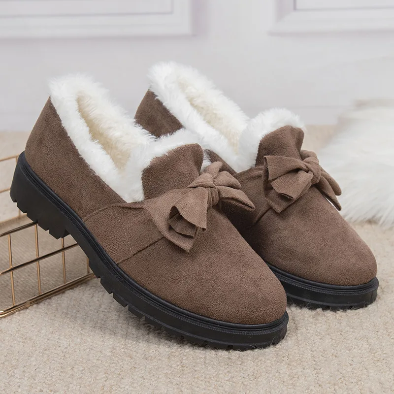 Winter New Ladies Cotton Shoes Plush Warm Non-slip Female Casual Shoes Woman Bowknot Short Snow Boots Mom Comfy Furry Loafers