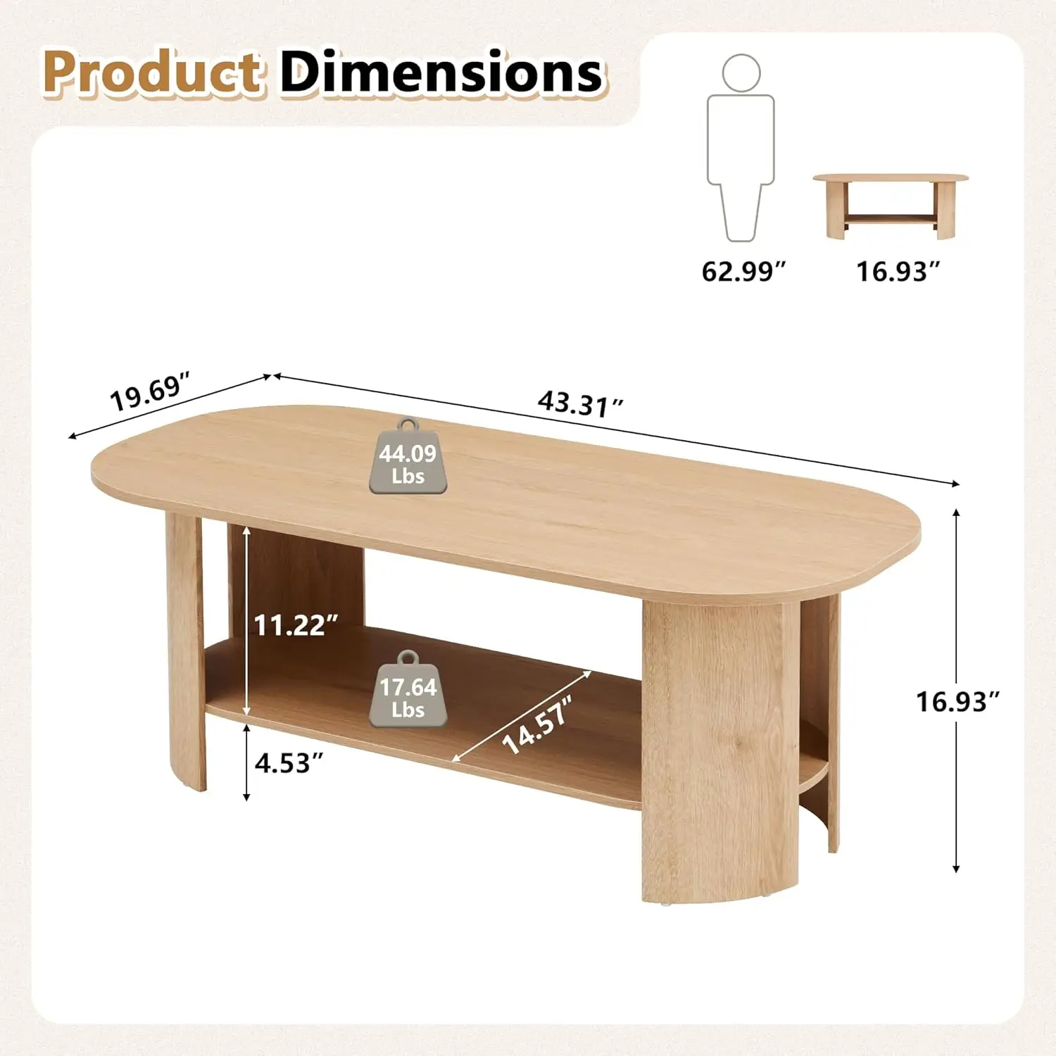 43.3” Oval Coffee Tables For Living Room, Wood Farmhouse Coffee Table With Storage, 2-Tier Center Table With Storag