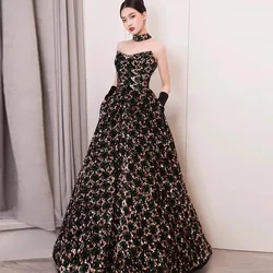 Black Strapless Prom Gown Sequin Luxury A-Line Backless Shiny Candy Color For Women Wedding Party Cocktail Long Evening Dresses