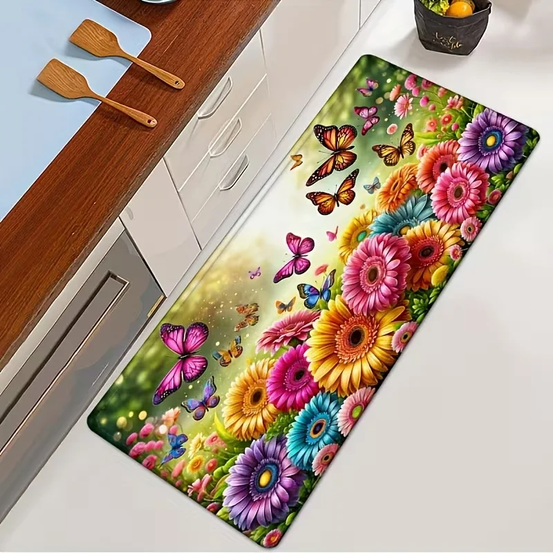 Cheerful Sunflower Butterfly Print Kitchen Mat Non Slip Comfortable Standing Pad for Living Room Bedroom Laundry Office floormat