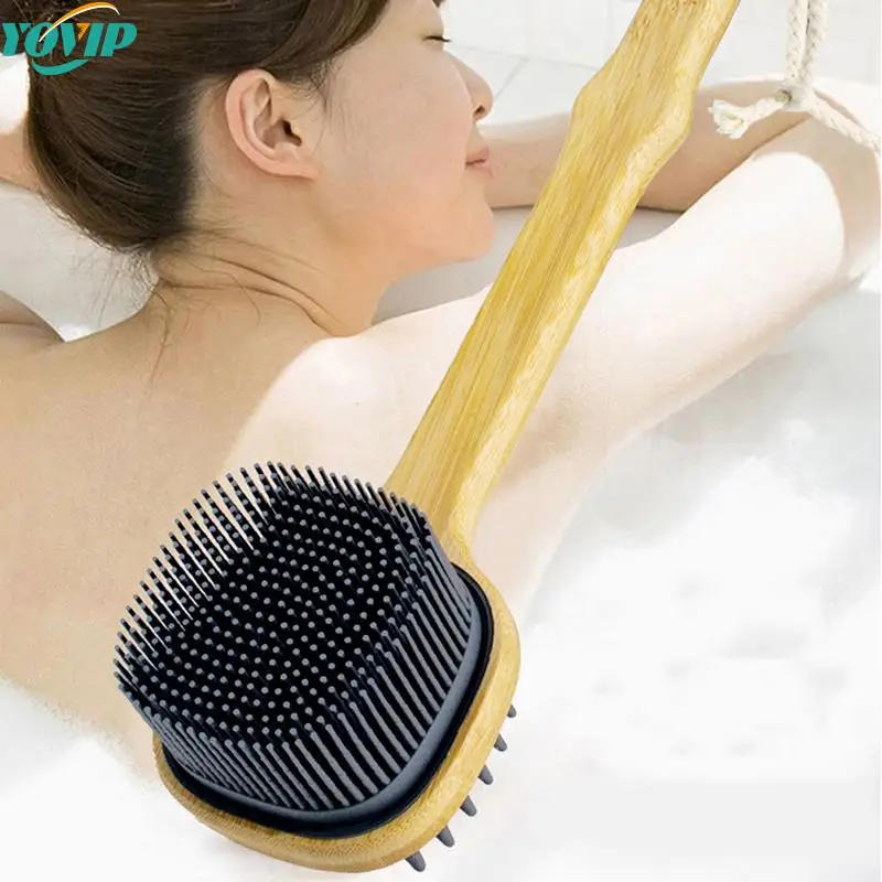 1pc Silicone Brush Head Back Scrubber Shower Brush With Long Wooden Handle Dry Skin Exfoliating Body Massage Cleaning Tool