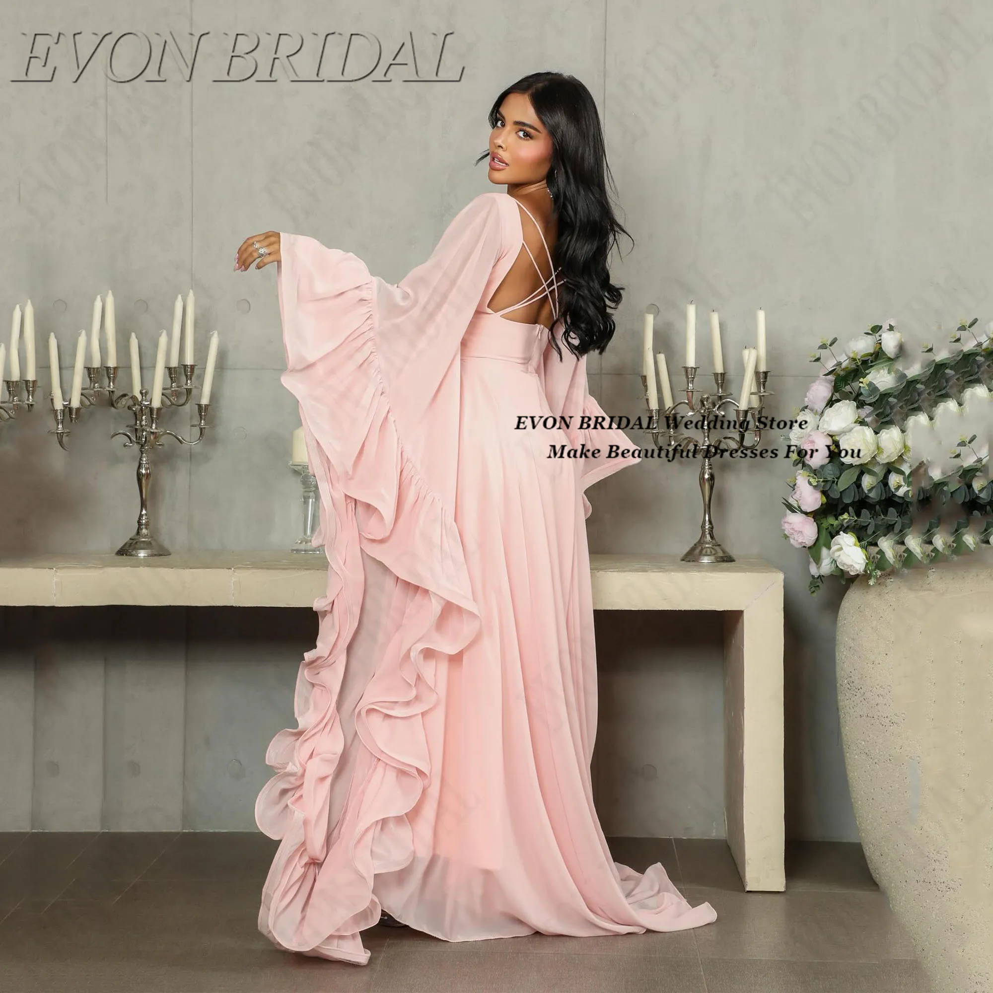 

Fashion Ceremony Dress Petal-shaped sleeves Celebrity Dresses Elegant Floor Length Bridesmaid Party Dress EVON BRIDAL Customized