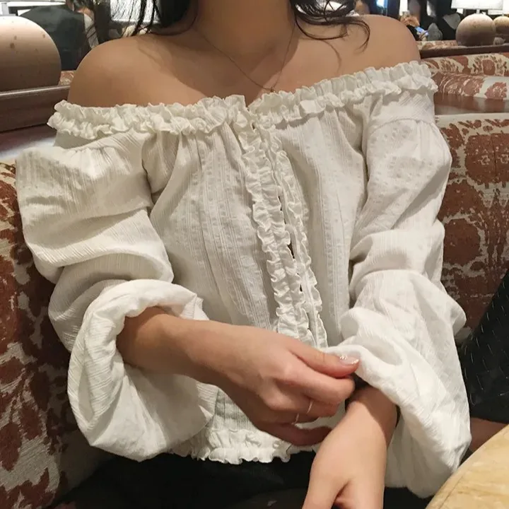 여성용 스위트 버블 슬리브 오프숄더 나무 장식 투웨이 착용 루즈핏 롱 슬리브 비즈니스 캐주얼...