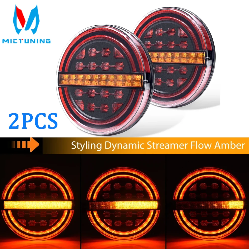 MICTUNING 12-24V 2Pcs 5.3Inch Round LED Truck Trailer Tail Ligh Bus Light With Brake Light DRL Flow Amber Turn Signal For Car