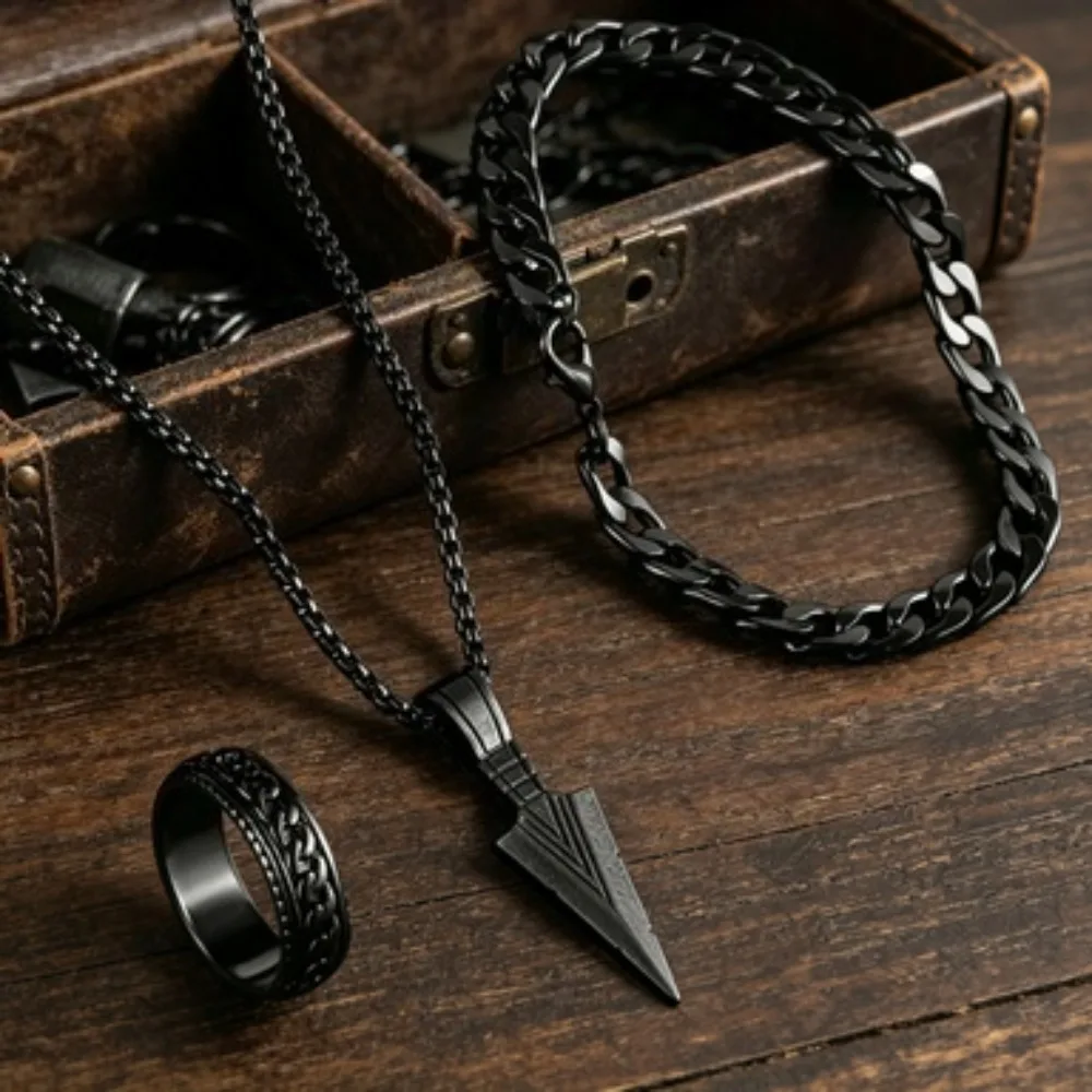 Hip Hop Men's Metal Cross Pendant Chain Necklace Bracelet Ring Jewelry Set