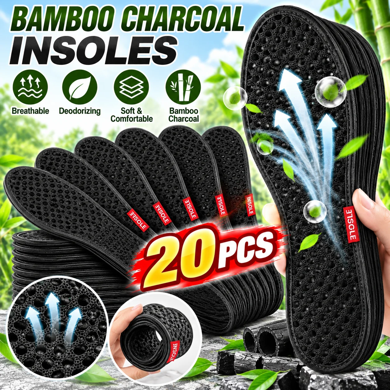 2-20pcs Black Bamboo Deodorant Insoles Mesh Breathable Absorb-Sweat Shoe Pads Men Running Sports Shoes Insert Deodorant Insole