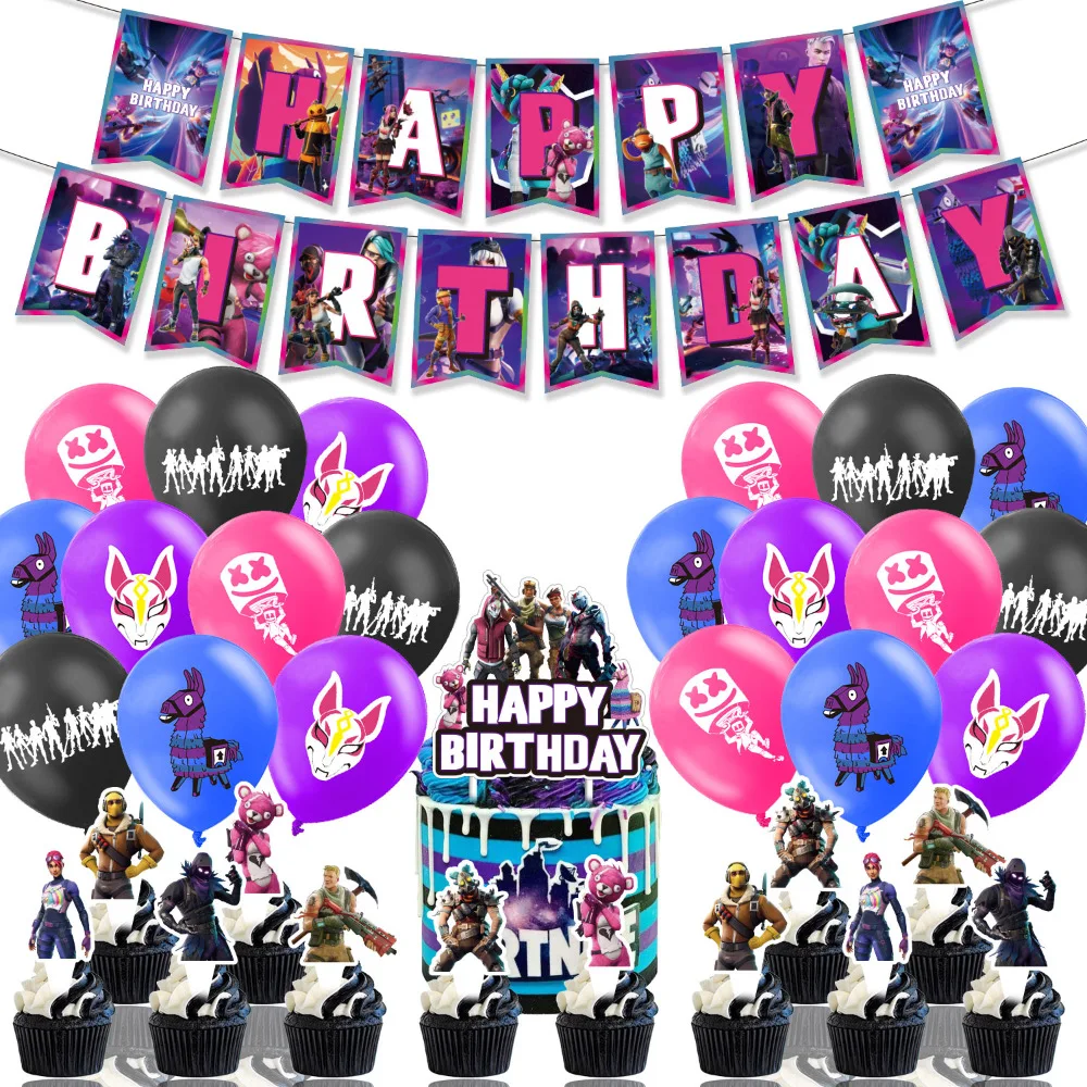 Fortnites Theme Birthday Party Supplies ชุดร้อนเกมแบนเนอร์เค้กตกแต่งการ์ตูนลูกโป่งของเล่นของขวัญตลก