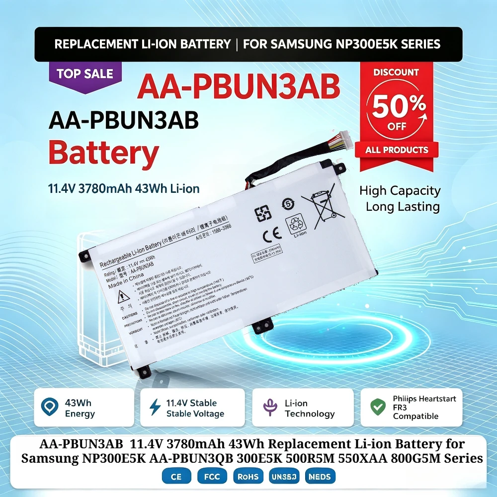AA-PBUN3AB 11.4V 3780mAh 43Wh Replacement Li-ion Battery for Samsung NP300E5K AA-PBUN3QB 300E5K 500R5M 550XAA 800G5M Series