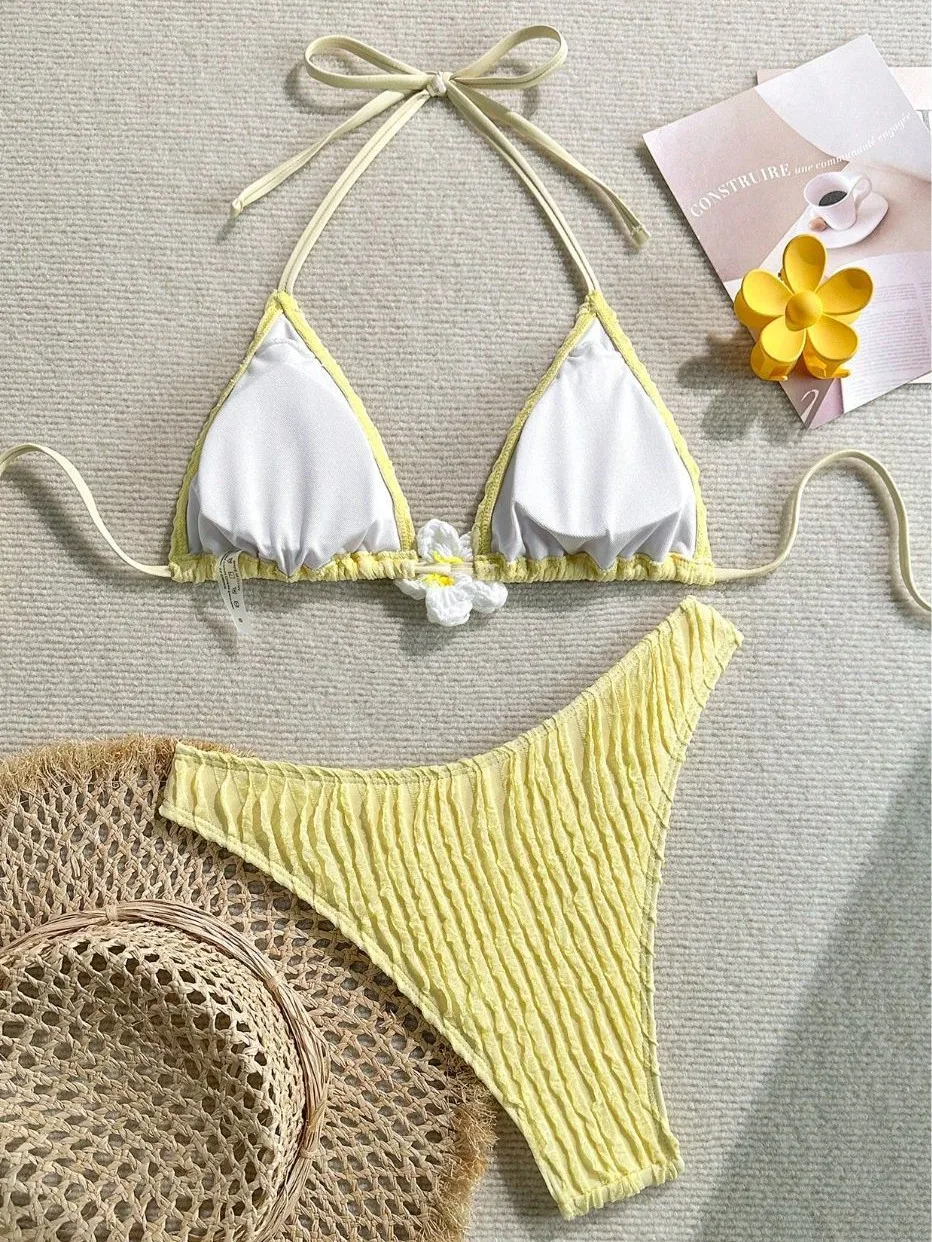 Sexy 3d fleur jaune micro bikinis ensembles deux pièces plaine licou cravate maillots de bain maillots de bain maillot de bain maillots de bain biquini tankini