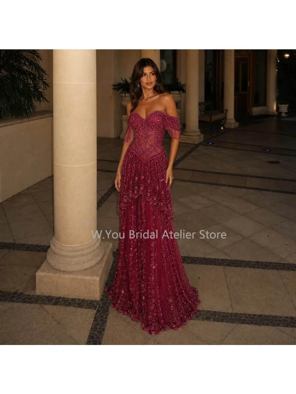 Elegante Abendkleider mit schweren Strassperlen, formelle Kleider mit Quastenärmeln und V-Ausschnitt, Damen-Hochzeitskleid für individuelle Anpassung.