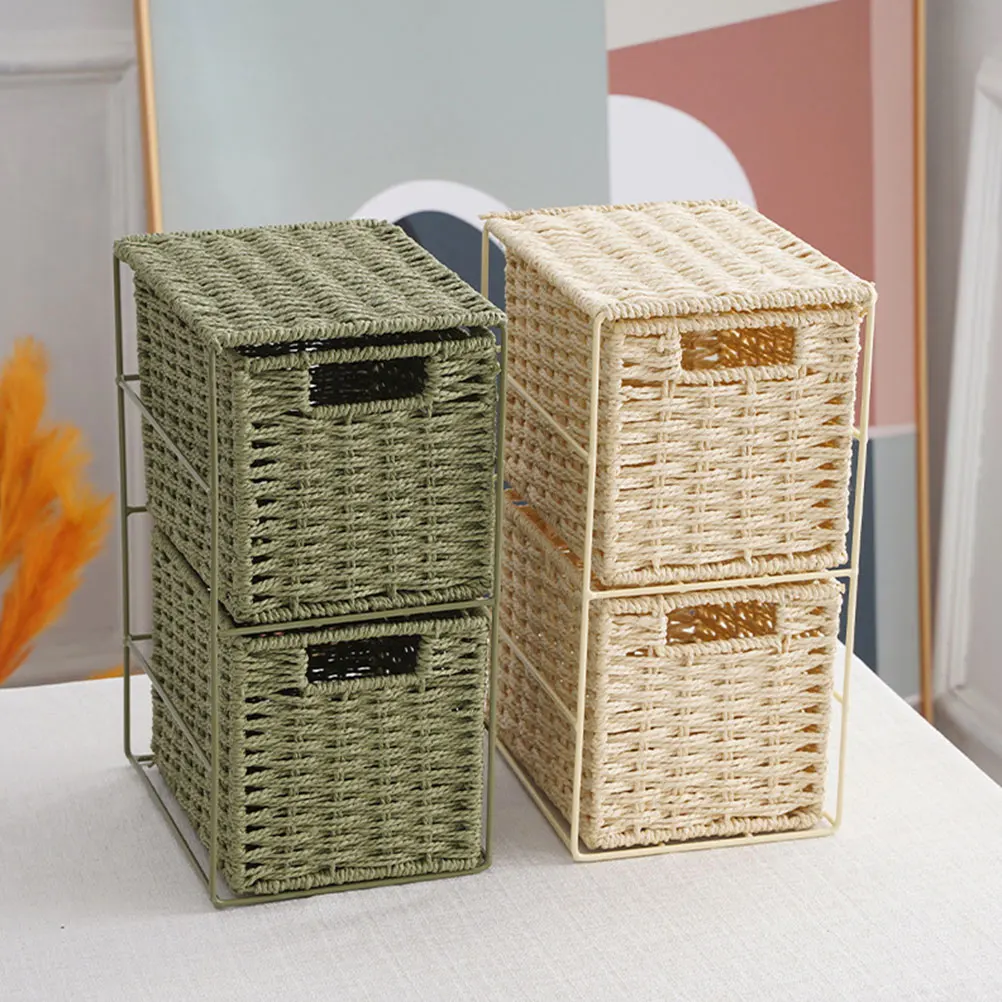 Simulated Rattan Dual-Layer Sundries Basket Sturdy Home Storage Container Organizer Small Drawer Small Storage Drawers