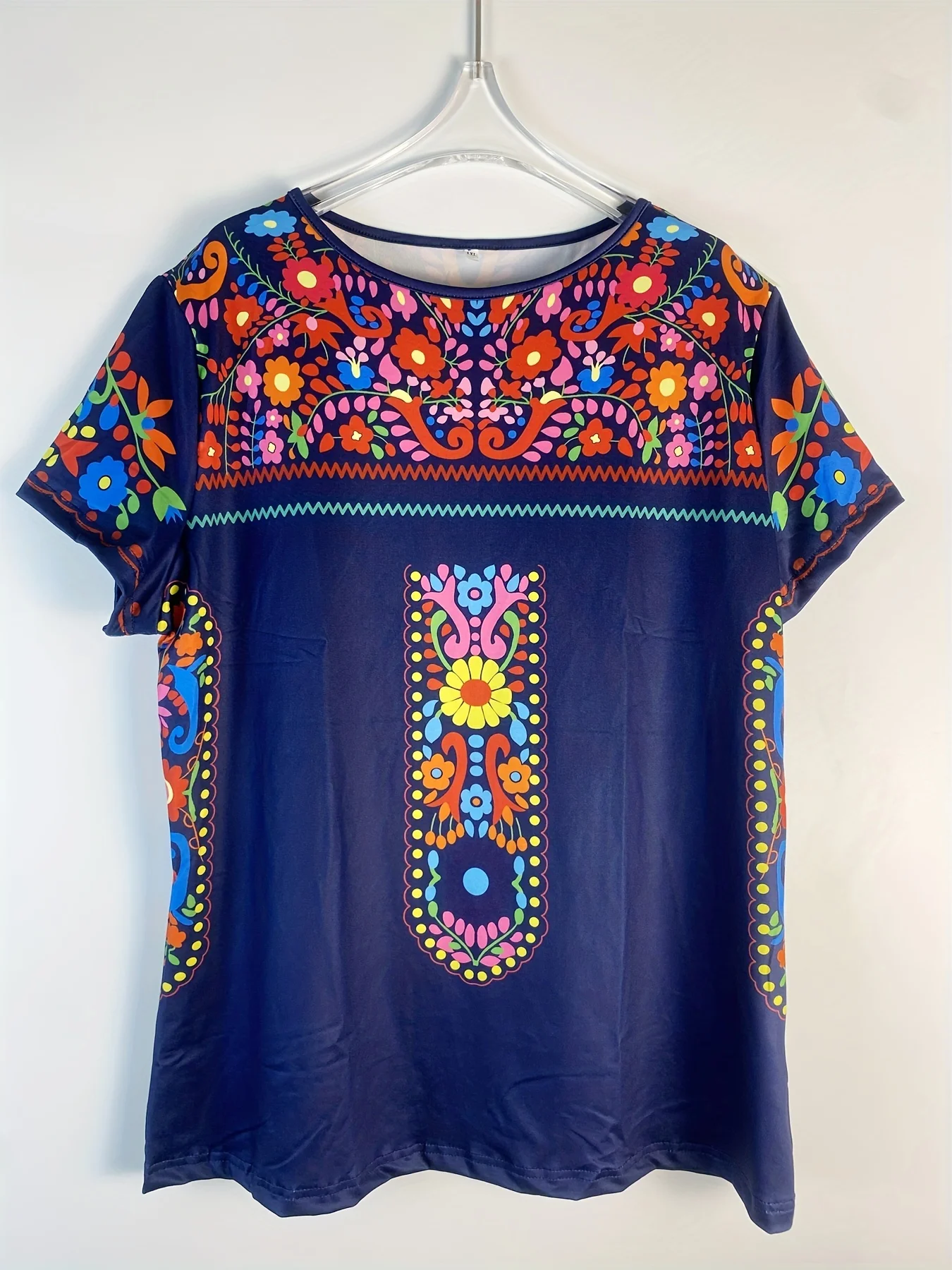 Plus Size Boho T-shirt Damski Plus Kwiatowy Nadruk Krótki Rękaw Okrągły Dekolt Lekko Rozciągliwy T-shirt