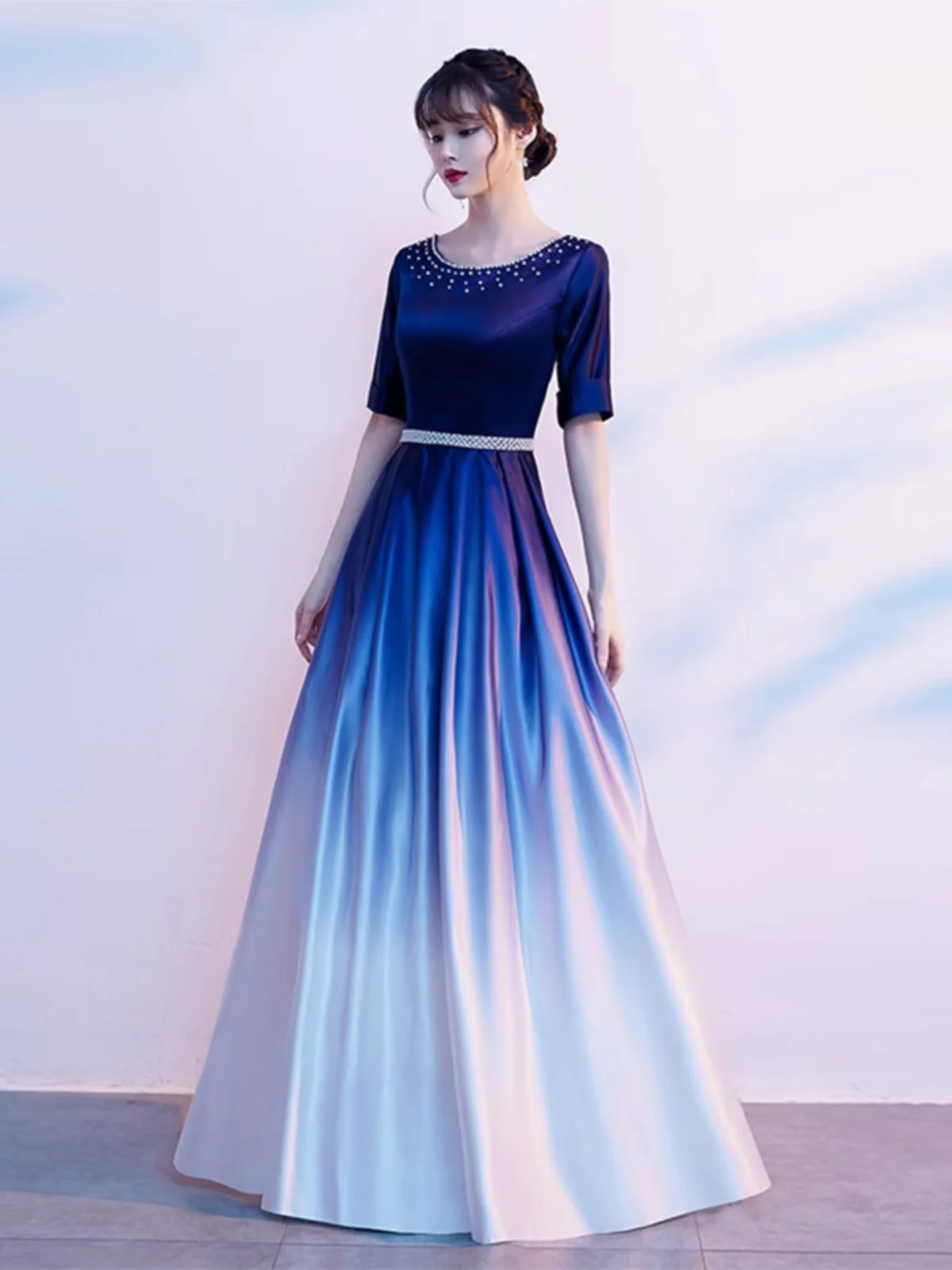 Ele Long Women's Dr adual Color Performance Costume for Chorus Performance Poem Recitation Host Ball Gown