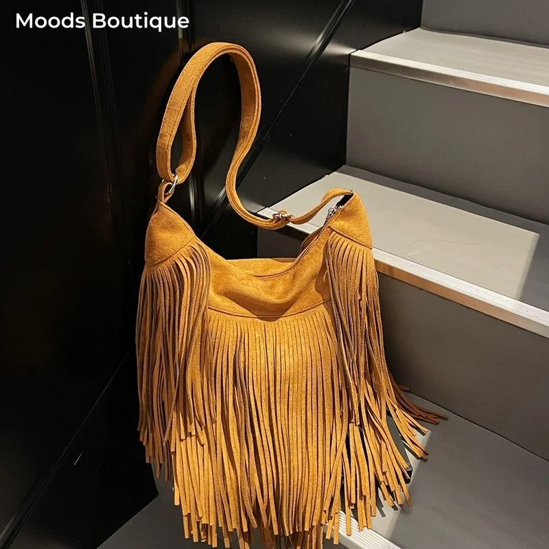 

сумка женская сумка женская большая MOODS Ретро сумка с кисточками и верхней ручкой для женщин, дикая стильная замшевая сумка-шоппер большой вместимости, сумка через плечо, 202520, дизайнерские сумки, роскошные