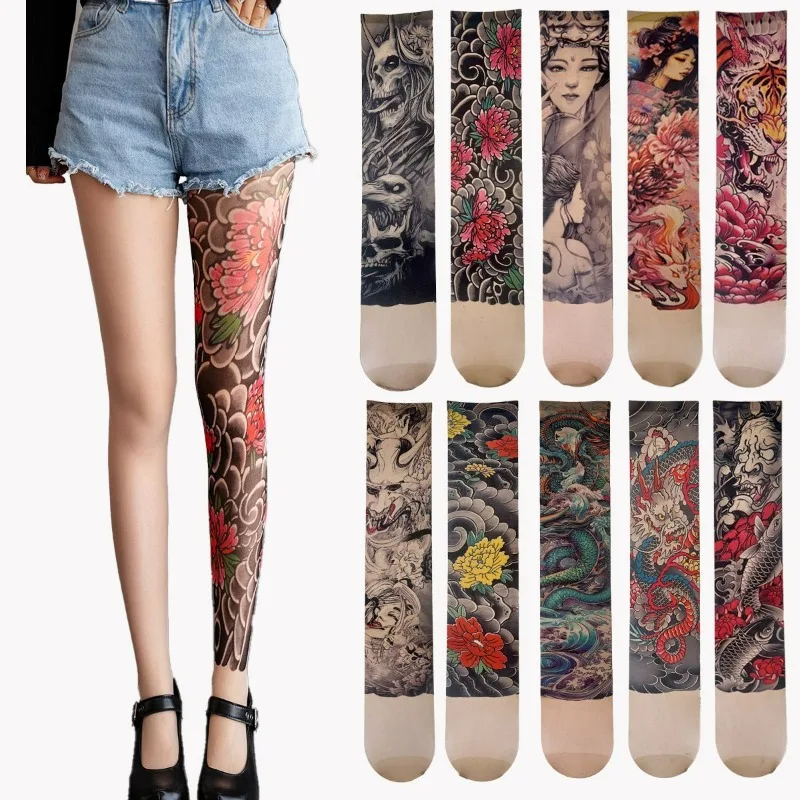 

Y2K стильные чулки в стиле Харадзюку, сексуальное женское белье, кружевные ажурные колготки, красивые ноги, винтажные высокие колготки с татуировкой, женские чулки
