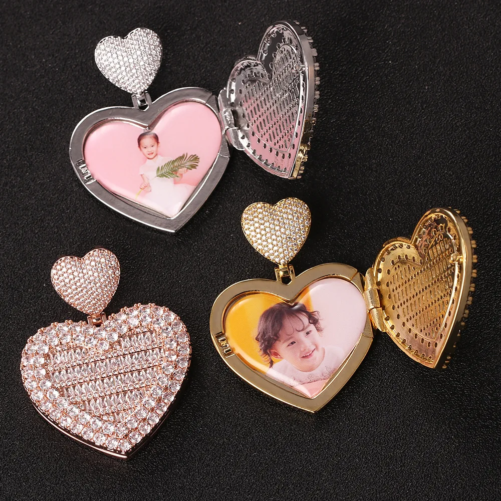 

2pcs/ Bag Exquisite Jewelry Cubic Zircon Custom Photo Memory Medallions Necklace Iced Out Heart CZ Love Heart Hook Necklace