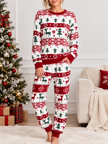 Women's Long-sleeved Plush Suit, Thick and Warm. Geometric Print of a Christmas Tree and Deer. Christmas-themed Homewear.