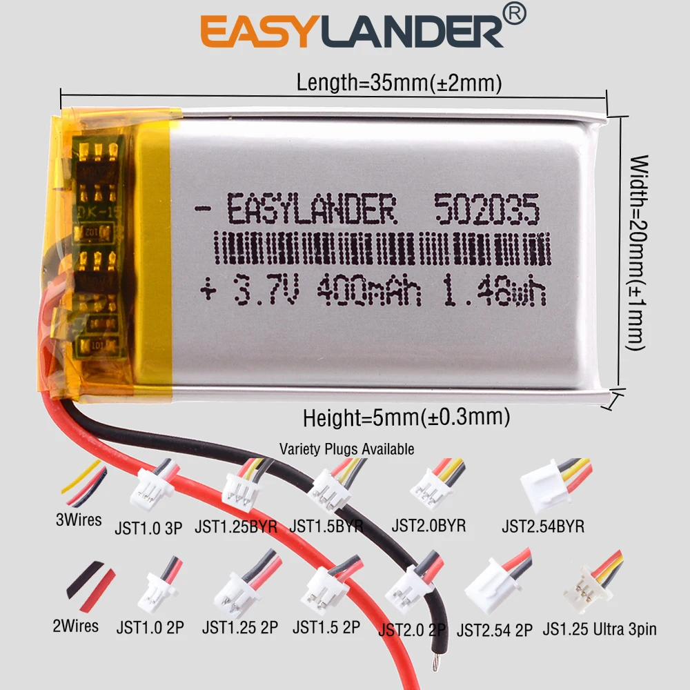Variety Plugs 502035 3.7V 400mAh Rechargeable Lithium Lipo Li-ion Polymer Battery