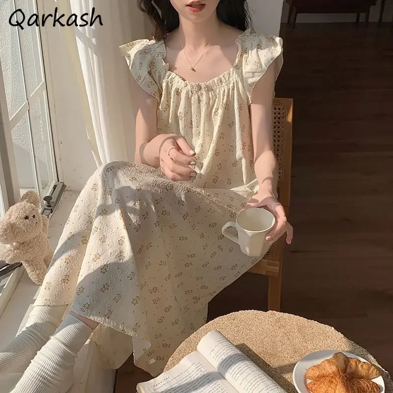 

Nightgowns Women Print Baggy Sweet Flying Sleeve Chic Soft Gentle All-match Summer Japanese Style Students Home Clothing Fashion