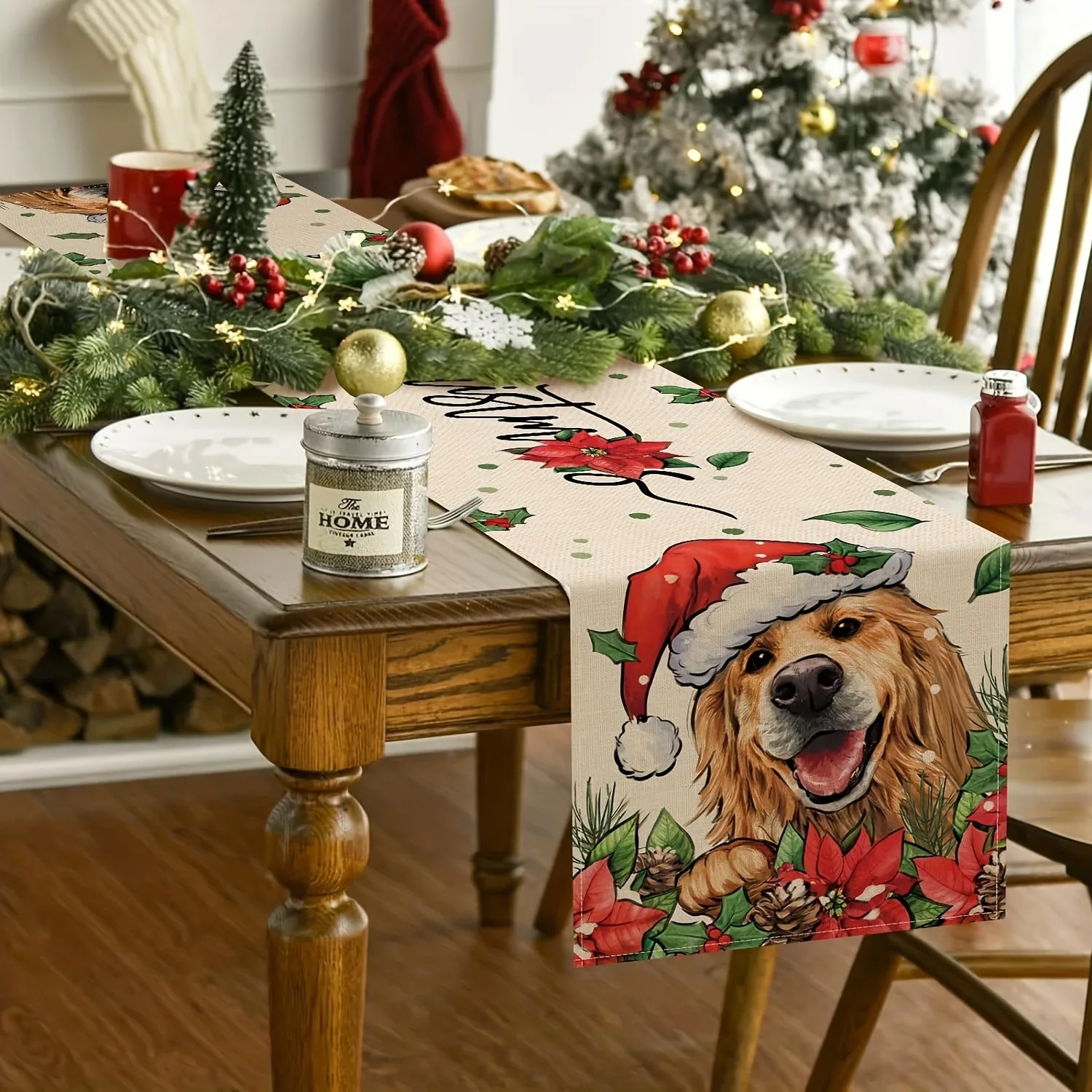 عيد ميلاد سعيد الذهبي المسترد الجدول عداء عيد الميلاد المطبخ الجدول الديكور، عطلة الشتاء مزرعة ديكور المنزل #4