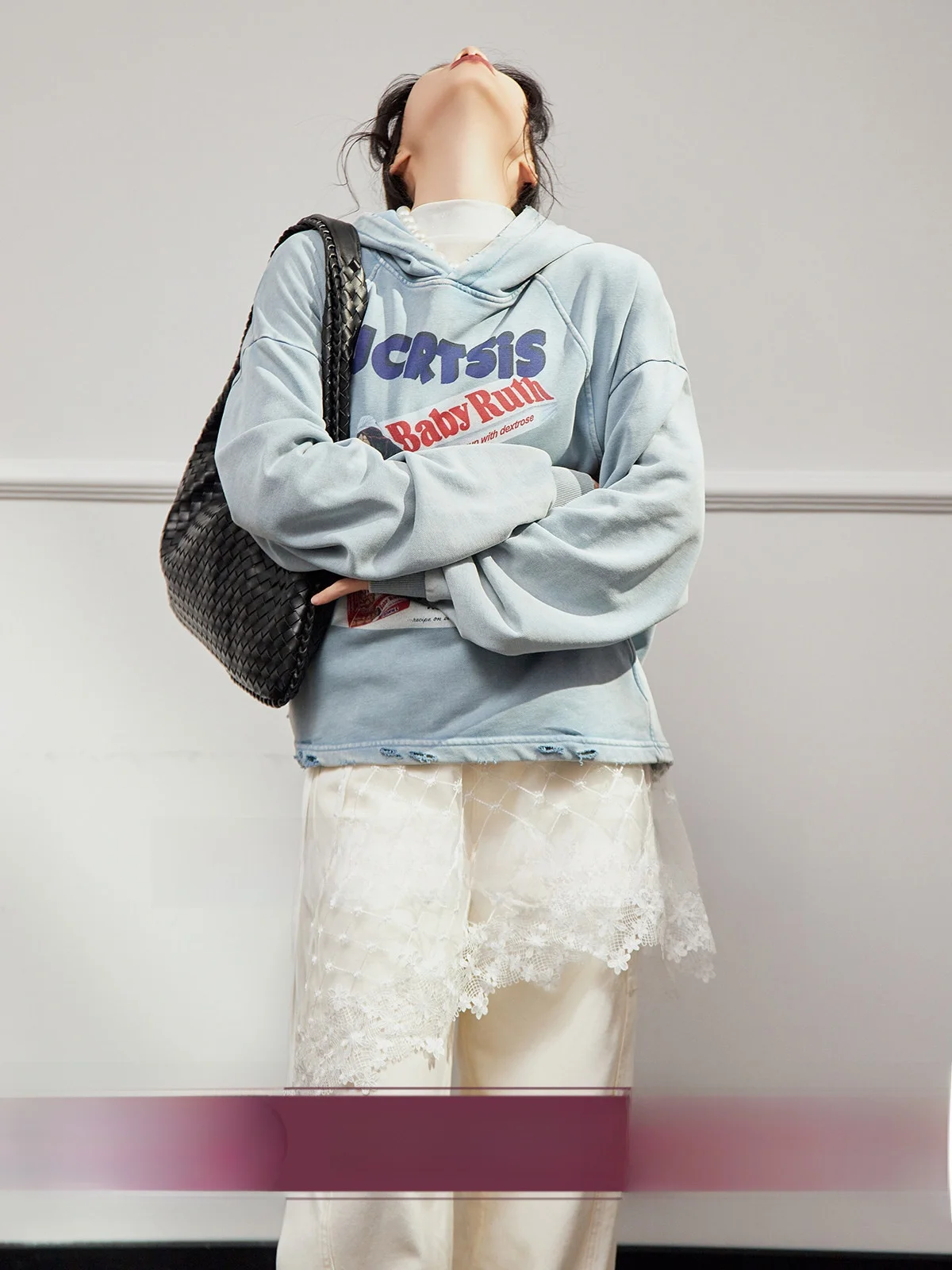 

Denim Blue Printed Hoodie Women's Faion Hole Design Loose Fit Long Sve Crew Ne Sweatirt Commute Sle Autumn New Arr...