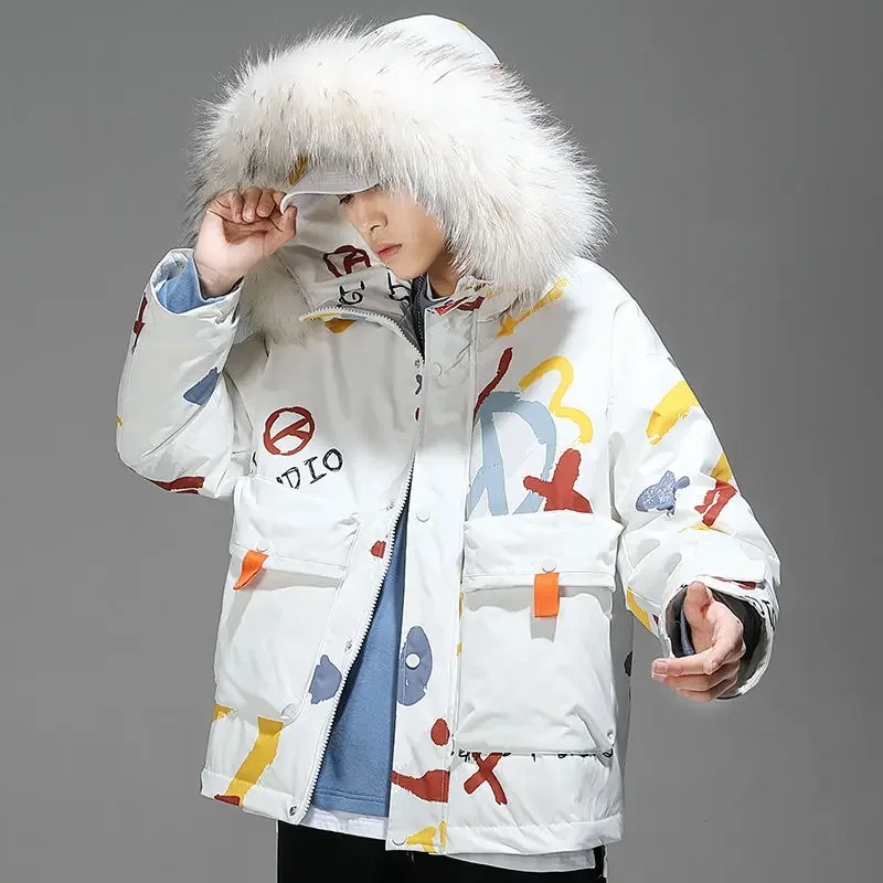 Winter Print Down Jacket Female Loose Big fur collar Hooded 90% White duck Down Coat Parkas Windproof Warm Outwear Couple outfit