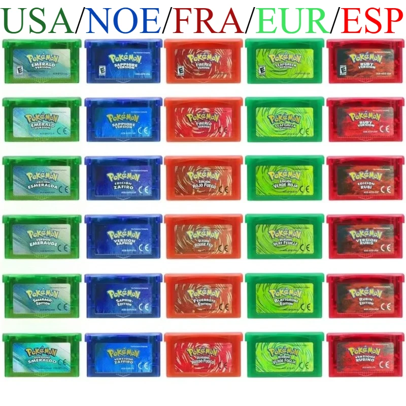 

5 стилей США/NOE/FRA/EUR/ESP Картридж для видеоигр Серия Pokemon Изумрудный Огненно-Красный Лист Зеленый Рубиновый Сапфир для GBA
