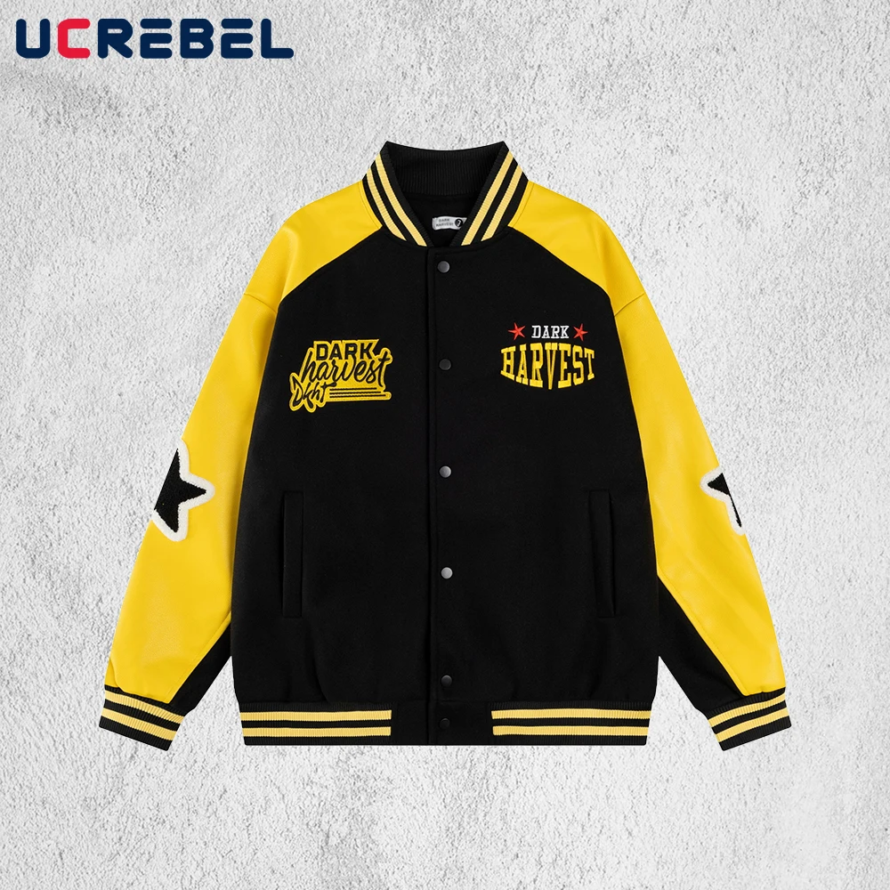 

Letter Embroidery Spliced Baseball Jacket Mens Retro Streetwear Stand Collar Single Breasted Long Sleeve Varsity Jacket